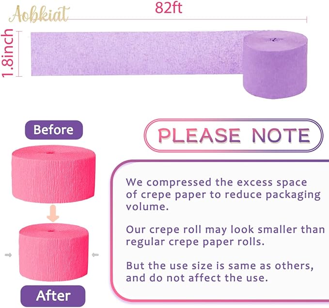 AOBKIAT Purple Pink Streamers Party Decorations,5 Rolls Colorful Crepe Paper Streamers for Birthday Baby Shower Wedding Princess Butterfly Fairy Theme Party,DIY Tassel,1.8 Inch x 82 Ft/Roll