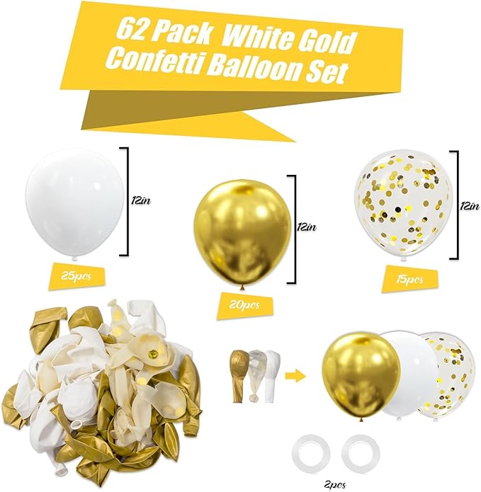 62pcs Gold White Balloons Kit - 12 Inches Gold White Confetti Party Decoration Balloons for Graduation Baby Shower Birthday Wedding Party Decorations Supplies
