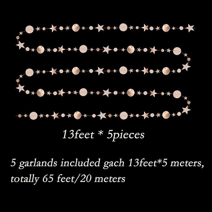Star and Circle Hanging Garland, 65 feet Champagne Gold Party Decorations Stars Banner Streamer Backdrop for Birthday Baby Shower Christmas New Year Eve Starry Night Theme Party Supplies