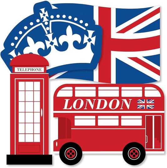Big Dot of Happiness Cheerio, London - Union Jack Flag, Double-Decker Bus, Crown and Red Telephone Booth Decorations DIY British UK Party Essentials - Set of 20