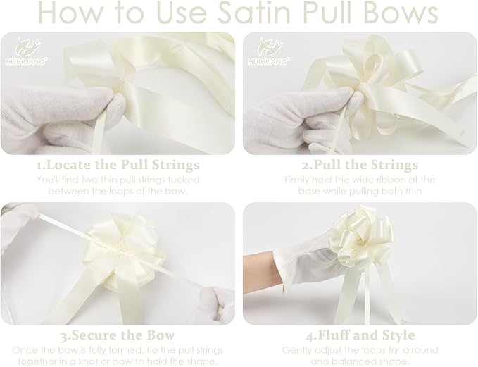 HUIHUANG Ivory Bows for Gift Wrapping 4"x 8" Ivory Satin Pull Bows 12 PCS Gift Bow for Presents, Gift Basket, Paper Bag, Wrapping Accessories, Birthday Wedding Party, Christmas Decor