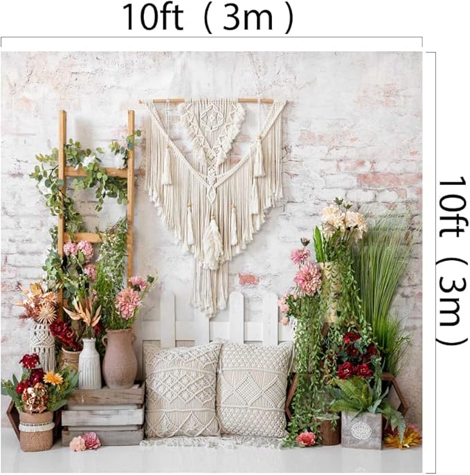 Kate 10x10ft Spring Colorful Flowers Backdrops for Photography Bohemian Pillow Brick Wall Background Green Leaves Backgrounds Baby Shower Birthday Party Decoration Backdrop