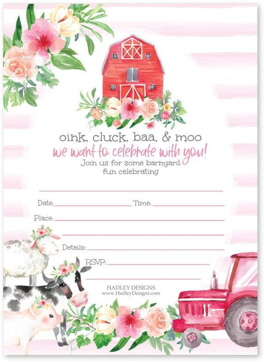 Hadley Designs Kids Birthday Invitations For Boys and Girls Barnyard Theme - 25 Farm Animals Birthday Party Invitations For Boys, Tractor Barn Invites For Girls, Cute Ranch Party Supplies, Made In USA