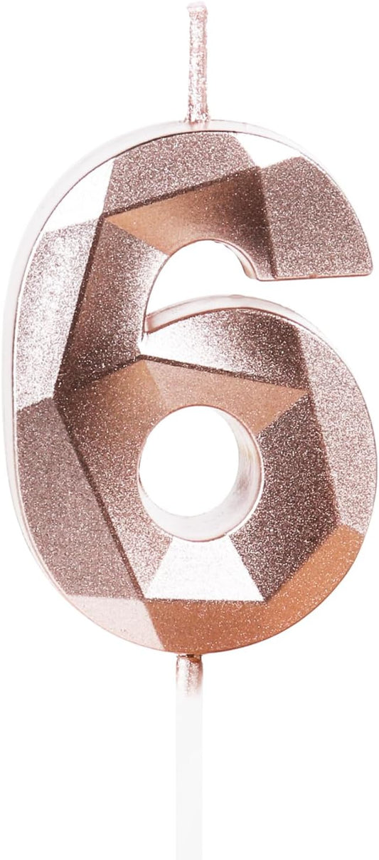 Number 6 Candles,6th Birthday Candles,Rose Gold Happy Birthday Candle for Cake,3D Design Cake Topper Decorations for Girl Women Pet Birthday Party Wedding Anniversary Celebration Supplies