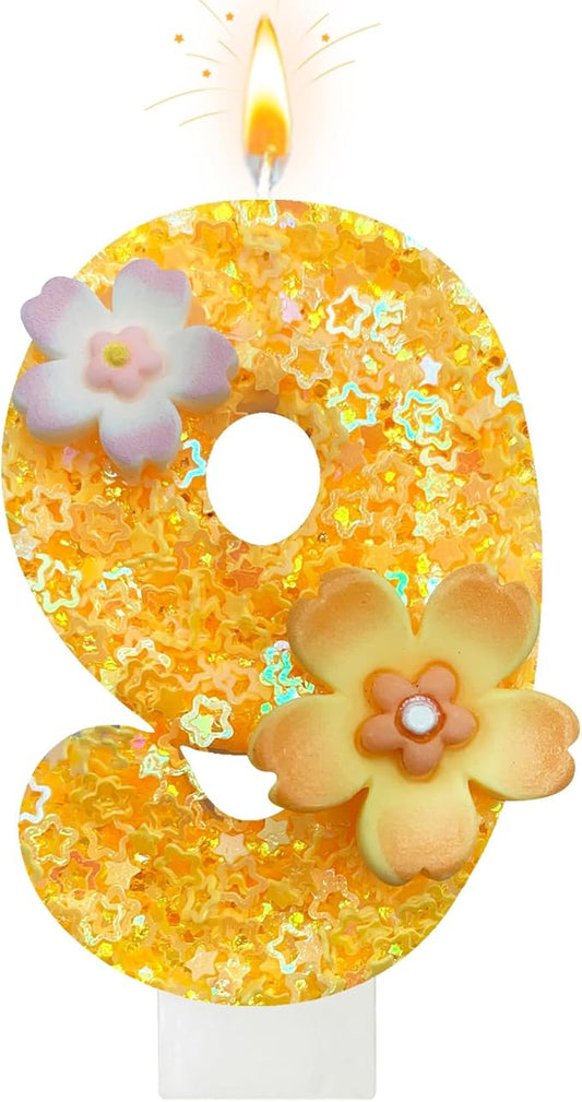 Yellow Birthday Candle, Flower Number Birthday Candles for Cake, Ideal Birthday Parties Cake Decor, Wedding Anniversary and Other Celebrations (9 Candle, Yellow)