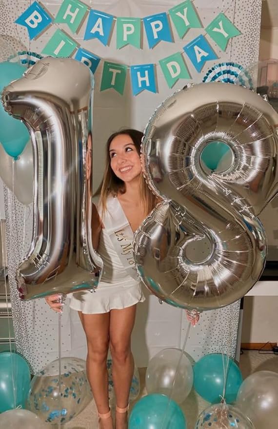 40 Inch Number 8 Balloon, Silver 8 18 28 80 Birthday Balloons for Men Boys, 8th Birthday Decorations Party Supplies, Wedding, Graduations