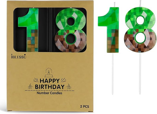 Pixel Birthday Candle, 2.68 Inch Miner Number Candles, Game Themed Candle Birthday Decoration for Pixel Theme Birthday Anniversary Dynamite Video Game Party (Green, 18)