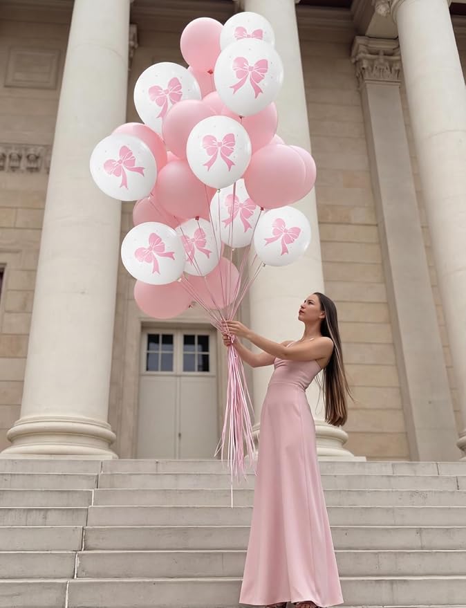 Pink Bow Balloons, 50PCS 12 Inch Pastel Pink and White Bow Print Balloons, Coquette Girly Party Decorations for Girls Birthday, Baby Shower, Bridal Shower, Bachelorette & Bow Theme Party