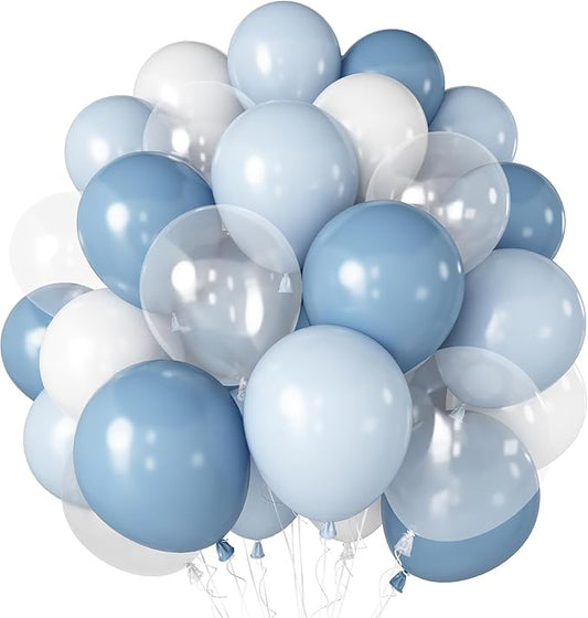 Blue White Clear Balloon, 30pcs 12 Inch Dusty Blue Balloons Macaron Light Blue Matte White Transparent for Gender Reveal Bridal Baby Shower Birthday Party Decorations