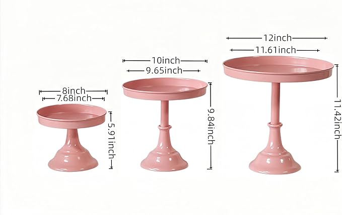 3 Pcs Metal Round Cake Stand Set 8“10”12" Cake Display Stand Dessert Cupcake Display Tray for Graduation,Wedding,Birthday,Party,Baby Shower,Anniversary,Ceremony,Christmas (Pink)