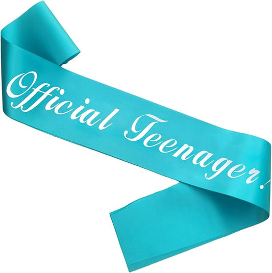 Silver Foil 'Official Teenager' Teal Sash for 13th Birthday Party Decorations & Gifts