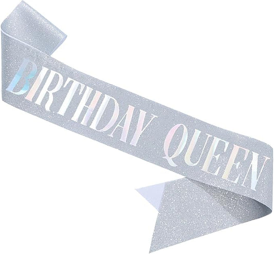 Birthday Queen Sash, Dazzle Foil Letter Glitter Silver Birthday Sash for Women Girl 21st 30th 40th 50th 60th Gifts Funny Bday Gifts Party Favors Photo Prop
