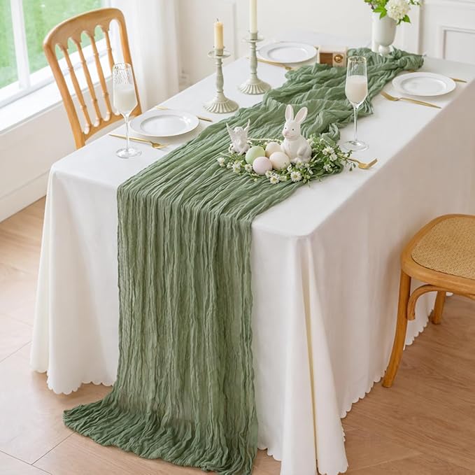 Sioloc Sage Green Cheesecloth Table Runner 120'' x 35'',Spring Easter Decor Soft Gauze Boho Wedding Table Decor for 10ft Table Birthday Party,Baby Shower, Bridal Shower, Home & Event Decor