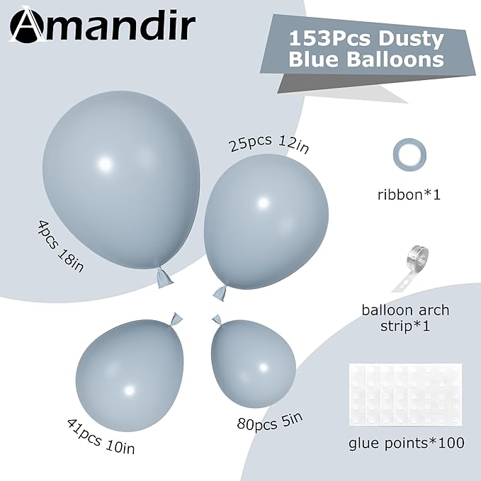 Amandir 153pcs Dusty Blue Balloons Arch Garland Kit Different Sizes 18 12 10 5 Inch Haze Pale Blue Latex Matte Balloon for Birthday Baby Shower Gender Reveal Wedding Engagements Party Decorations