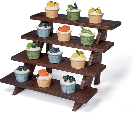 DAOYOUSKY Wooden Rustic Cupcake Stand for 24 Cupcakes, Stepped Wood Display Stand for Weddings, Tiered Party Table Display Riser for Food , Dessert, Cookie, Decor, Craft Show, Brown