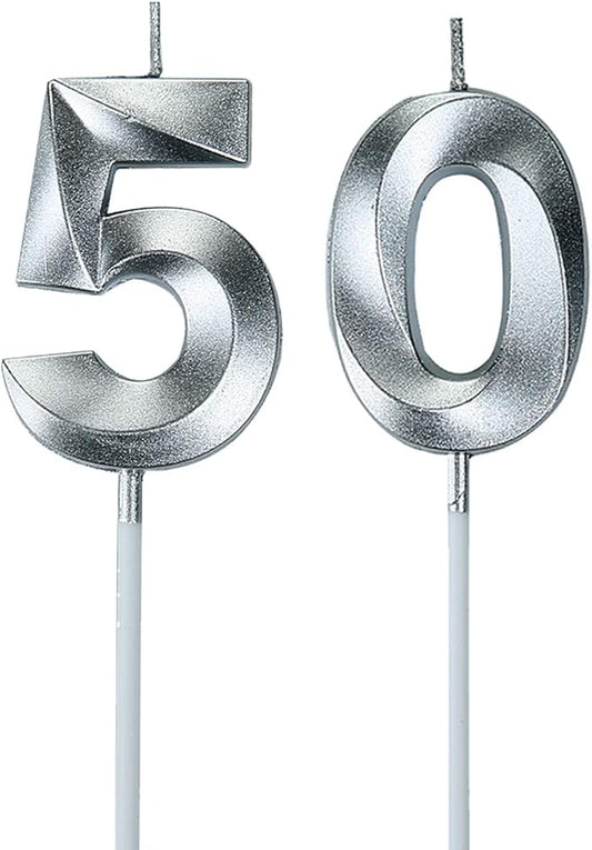 Silver 50th Birthday Candles, Number 50 Cake Topper for Men Birthday Decorations Party Decoration