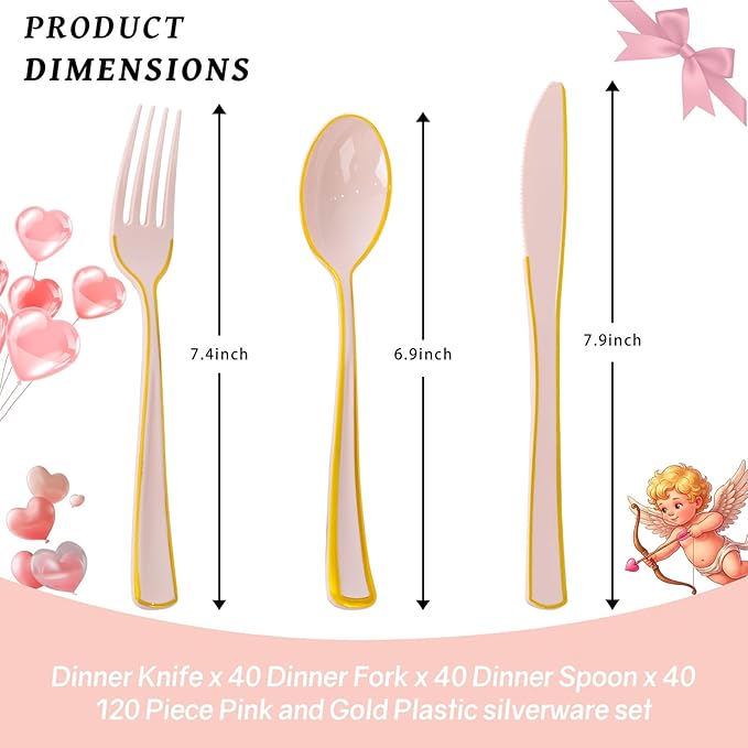 Supernal 120 PCS Pink Plastic Silverware Heavy Duty - Disposable Pink Utensils with Gold Silverware Set Include 40 Forks, 40 Knives and 40 Spoons for Valentines Day/Birthday Party/Wedding
