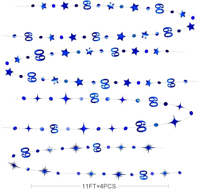 Navy Blue 60th Birthday Decorations Number 60 Circle Dot Twinkle Star Garland Metallic Hanging Streamer Bunting Banner Backdrop for 60 Year Old Happy Birthday 60th Anniversary Sixty Party Supplies