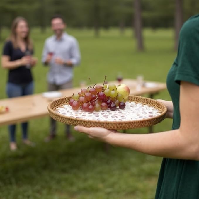 Round Rattan Tray with Mother of Pearl Inlay, Handwoven Wicker Coffee Table Serving Basket Tray for Fruit Snack Party Picnic Cafe Bedroom Kitchen Home Decor Set of 2 (Apricot Dot)