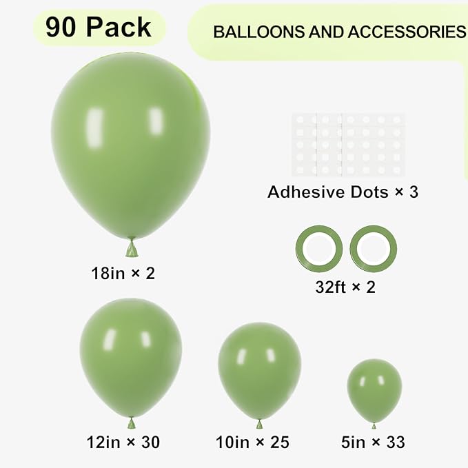 Voircoloria 90pack Sage Green Balloons Different Size 18/12/10/5 Inch Olive Green Balloon Garland Arch Kit for Graduation, Wedding, Birthday, Bridal Shower, Baby Shower, Anniversary Party Decorations