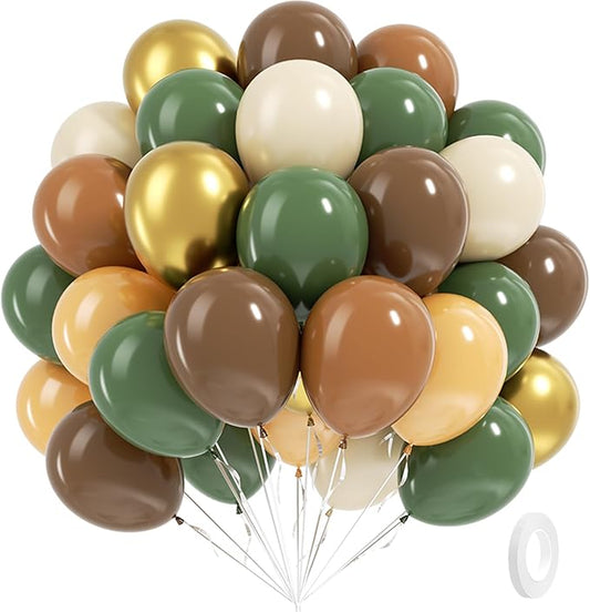 BAUANOOY Green and Brown Balloons, 60pcs 12 Inch Safari Balloons with Sage Green Brown Nude Metallic Gold Latex Balloon for Jungle Forest Baby Shower Birthday Party Decorations