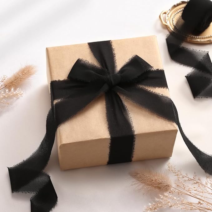DORIS HOME Black Chiffon Ribbon for Flower Bouquet, 1" x21Yd Fabric Ribbon for Gift Wrapping, Handmade Frayed Ribbon for Wedding Invitations/Christmas Decorations