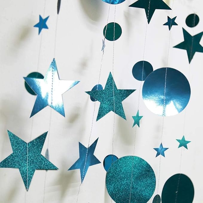 Cheerland Glitter Teal Aqua Blue Party Decorations Hanging Star Circle Garland Birthday Bridal Shower Backdrop Wedding Reception Bachelorette Decor Dot Streamer Graduation Party Under The Sea Theme