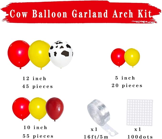 Red, Yellow, Brown Balloons, 122PCS Cow Print Balloon Red Yellow Balloon Garland Arch Farm Animals Birthday Decorations for Cowgirl Cowboy Baby Shower Wedding Birthday Party Supplies