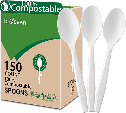 100% Compostable No Plastic Knives Plastic Forks Plastic Spoons Plastic Utensils, The Heavyweight Heavy Duty Flatware is Eco Friendly Products for Lounge Party Wedding BBQ Picnic Camping.