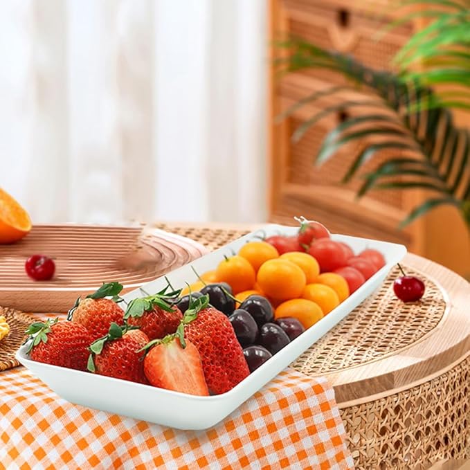 Serving Tray Platter Rectangle, 4 Pcs Long Narrow Food Tray for Veggie Fruit Snack Dessert, Plastic White Food Trays for Party Supplies Display, Rectangular Platters for Serving Food, BPA Free