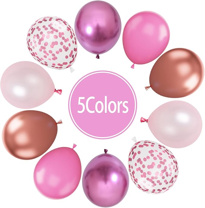 Paready Pink Confetti Balloons, 60 Pcs 12 Inch Metallic Red Rose Gold and Pink Latex Confetti Balloons for Birthday Baby Shower Engagement Anniversary Wedding Bridal Shower Party Graduation Decoration