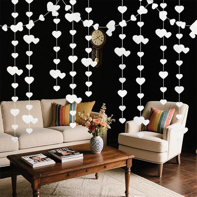 White Hanging Heart Garland Sparkling Love Streamer Glitter Bunting Banner Twinkle Heart Backdrop for Wedding Engagement Valentines Galentines Birthday Party Decor 40 Feet