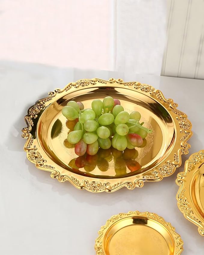 Round Decorative Tray 9.8in Metal Dessert Plates Vintage Coffee Table Tray for Snacks Fruit Gold