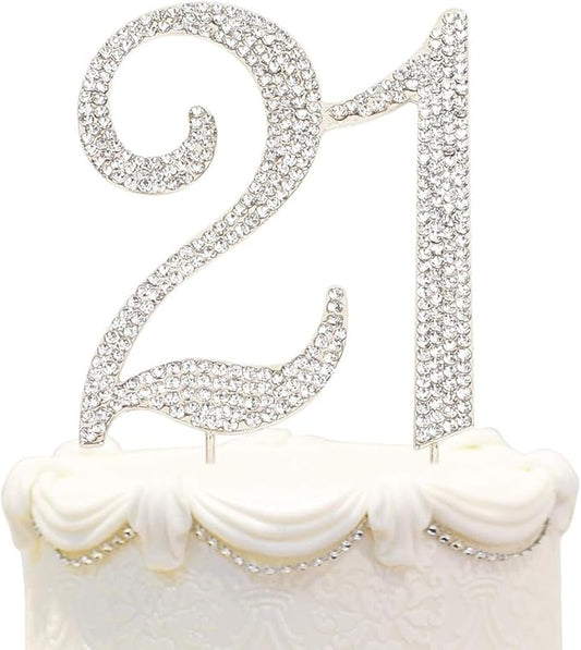Bling Crystal Rhinestone 21 Birthday Cake Topper - Best Keepsake | 21st Party Decorations Silver