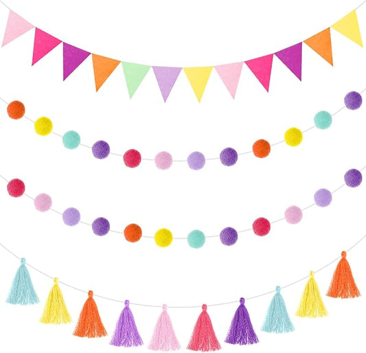 Irenare 9.8 ft Pom Pom Garland Felt Rainbow Garland 2026 Graduation Party Decoration Colorful Pennant Tassel Banner Back to School Birthday Triangle Banner for Classroom School Mantel(Candy Color)