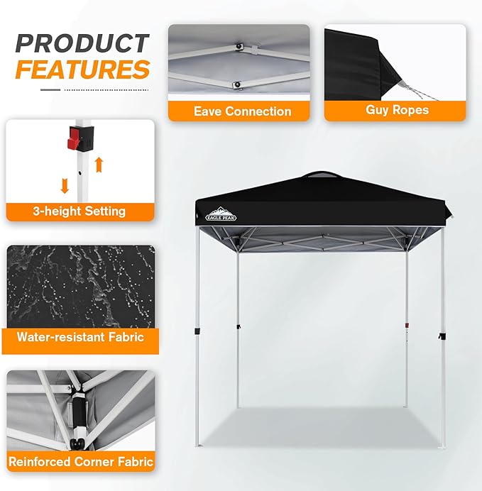 EAGLE PEAK Pop Up Canopy Tent with Wheeled Carry Bag, 8 Stakes, 4 Ropes, Easy Set Up Tent Canopy, 6.6x6.6 ft, Black