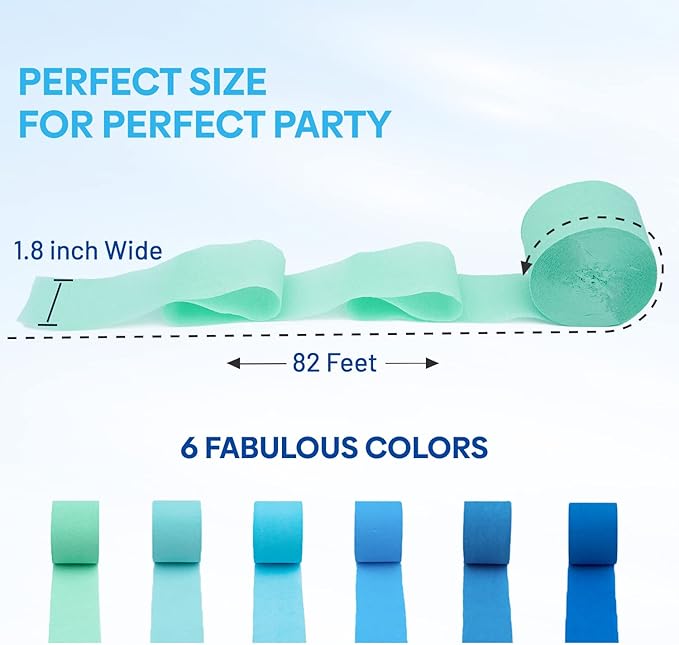 Captain Décor 6 Blue Streamers, 492ft Pack of Blue Crepe Paper Roll, Streamer Party Decorations, Bachelorette Party Decorations (1.8 inch x 82 ft/Roll)