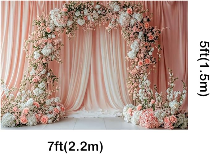 Kate 7x5ft Valentine's Day Wedding Pink White Flowers Arch Door Photography Backdrops Wedding Stage Bridesmaid Shower Kids Birthday Photo Background