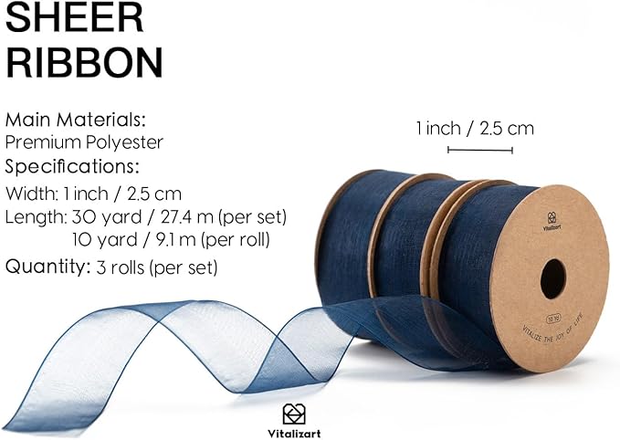 Vitalizart Navy Blue Ribbon Organza Sheer Ribbon 1 inch x 30 Yd in Total Handmade Fabric Ribbons for Gift Wrapping Christmas Tree Crafts Bows Wedding Invitations Wreaths Wrap