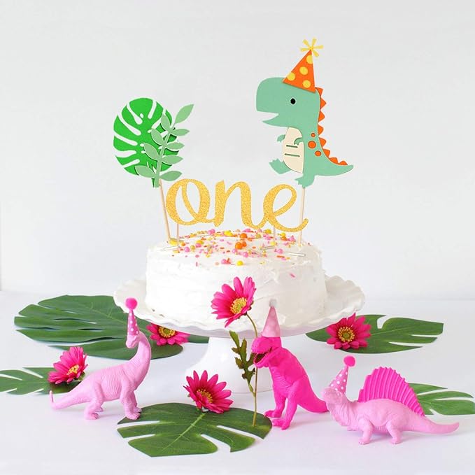 LaVenty Gold Dinosaur First Birthday Decoration Dinosaur One Cake Topper Dinosaur 1st Birthday Cake Topper for Boy Dinosaur Birthday Party Decoration