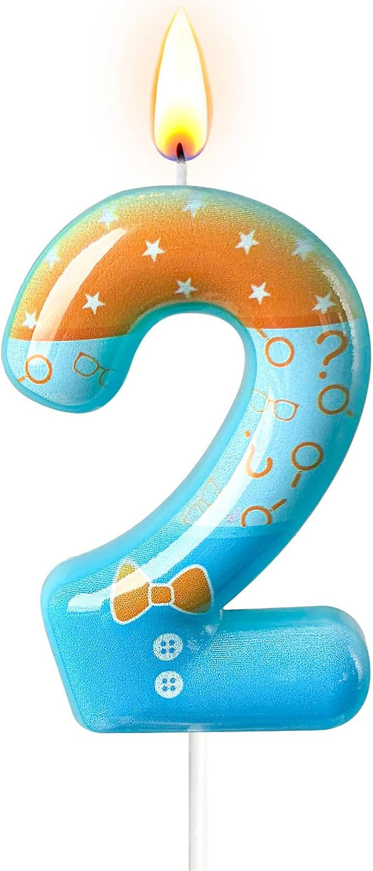 Number 2 Birthday Candle for Cake – Blue Cartoon Outfit Style with Bow Tie, Question Mark & Star Pattern – Fun Cake Topper Decoration for Celebration