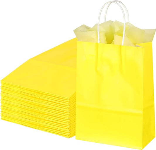 BLEWINDZ 32Pcs Small Paper Gift Bags with Tissues, Yellow Party Favor Bags with Handles, 8.7" Goodie Bag for Birthday, Shopping, Party Supplies