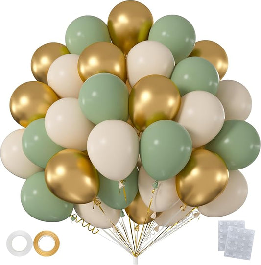 60pcs Sage Green and Gold Balloon Kit,12 Inch Eucalyptus Olive Green Cream & Metallic Gold Balloons for Boho Baby Shower, Bridal Wedding, Jungle Safari Birthday (with Ribbons & Glues)
