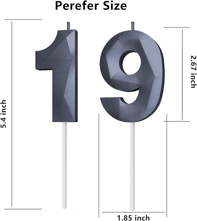 Number Birthday Candles(19 Candle Black) 3D Diamond Shape 19th Happy Birthday Cake Topper Decorations for Boy Men Birthday Wedding Anniversary Celebration Theme Party Supplies