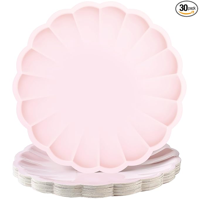 Newtay 30 Pcs Large Scalloped Paper Plates 9.5 Inch Shell Edge Disposable Dinner Plates for Birthday Wedding Baby Shower Party Decorations(Light Pink)
