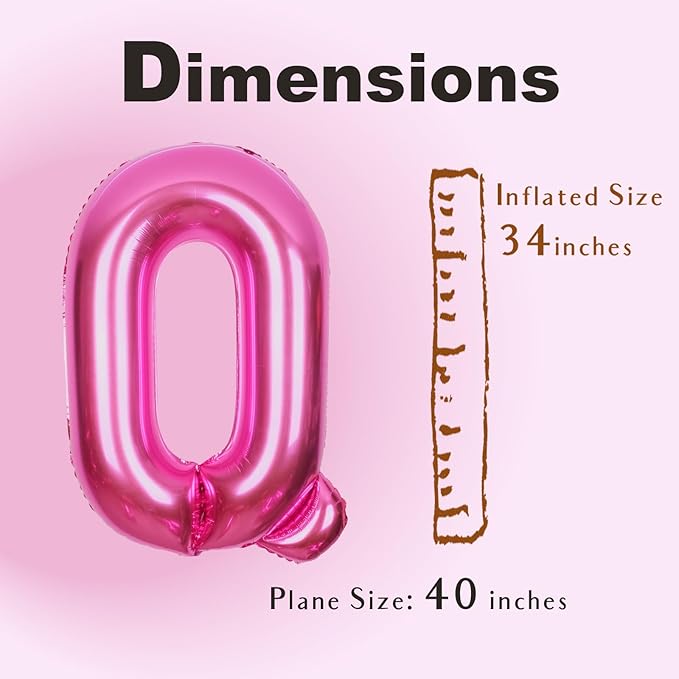 SUWEN 40 Inch Hot Pink Large Q Letter Balloons Big Foil Helium Letter Balloons A-Z Jumbo Mylar Happy Birthday Party Decorations for Woman Anniversary Party Supplies