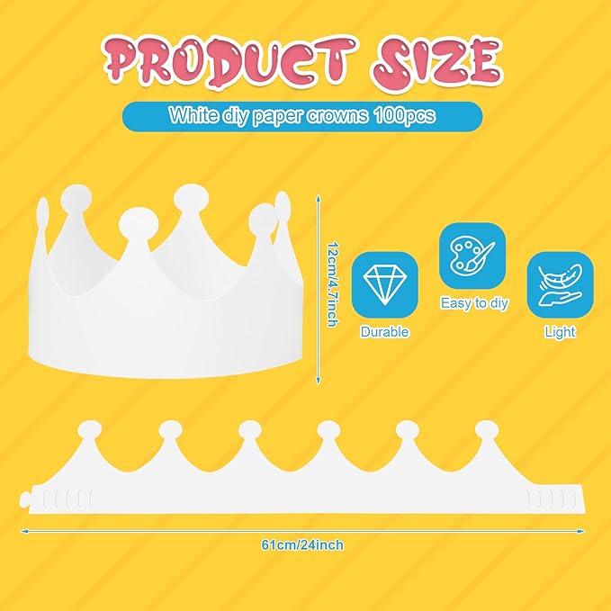 Jetec 100 Pcs White Paper Crowns Kids DIY Birthday Crowns for Classroom Birthday Party Hats Decorations Baby Shower Supplies (Traditional)