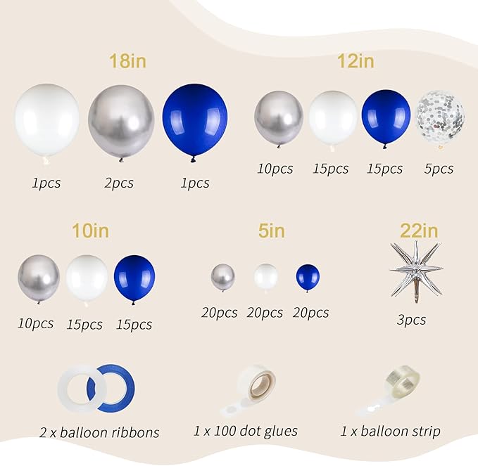 Blue and Silver Balloons Garland Arch Kit, 156 Pack Royal blue and White Silver Confetti Balloons 18" 12" 10" 5" with Starburst Foil Balloons For Birthday 2024 Graduation Party Decorations