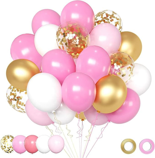 Pink and Gold Balloons Set, 50pcs 12 inch Pink White Gold Latex Balloons for Girl Birthday Wedding Bridal Shower Graduation Party Decoration