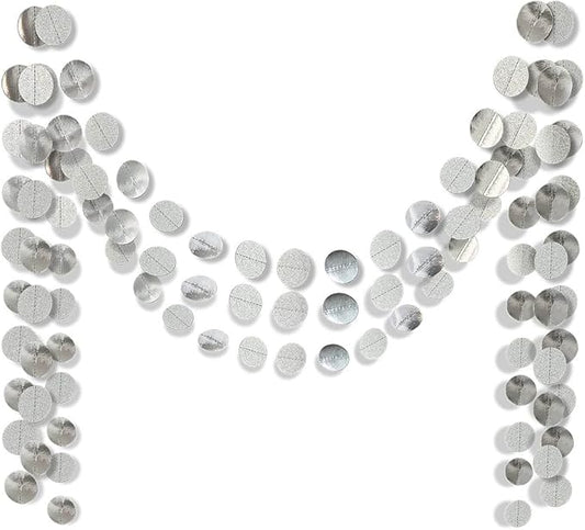 6 Pcs Glitter Silver Paper Circle Dots Garland Hanging Streamer Birthday Decorations Engagement Backdrop Twinkle Bridal Shower Wedding Baby Shower Bachelorette Christmas Supplies
